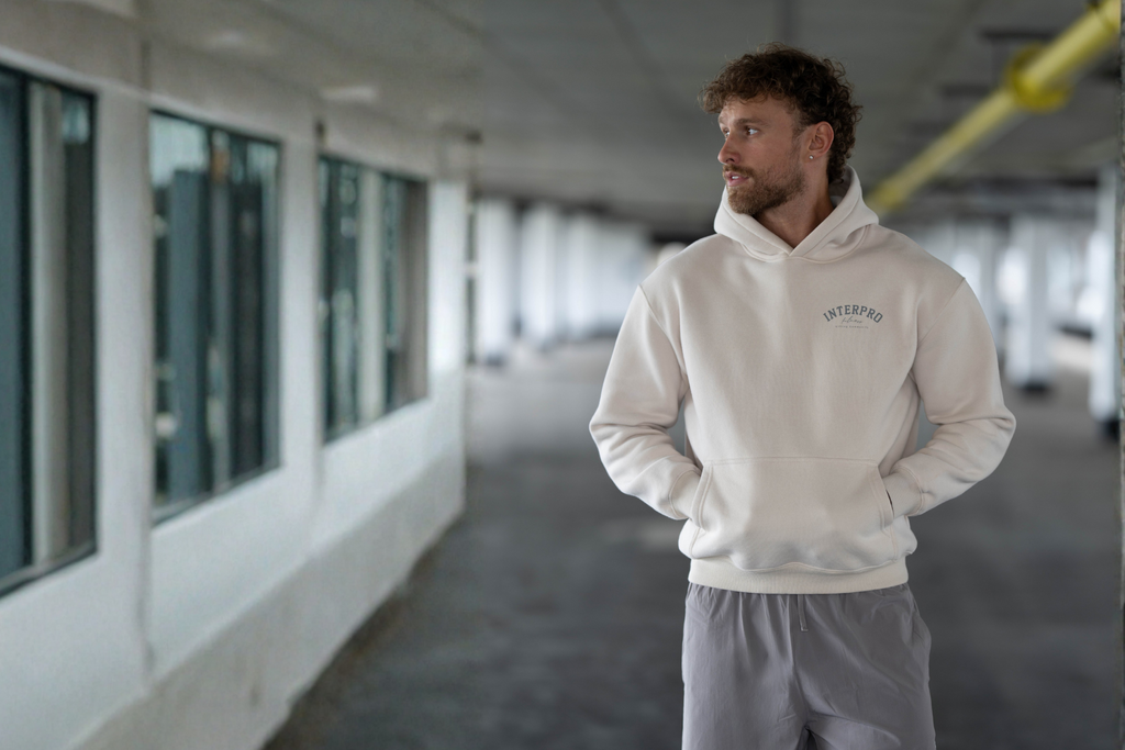 Interpro Fitness mens gym wear. Mens creme gym hoodie.