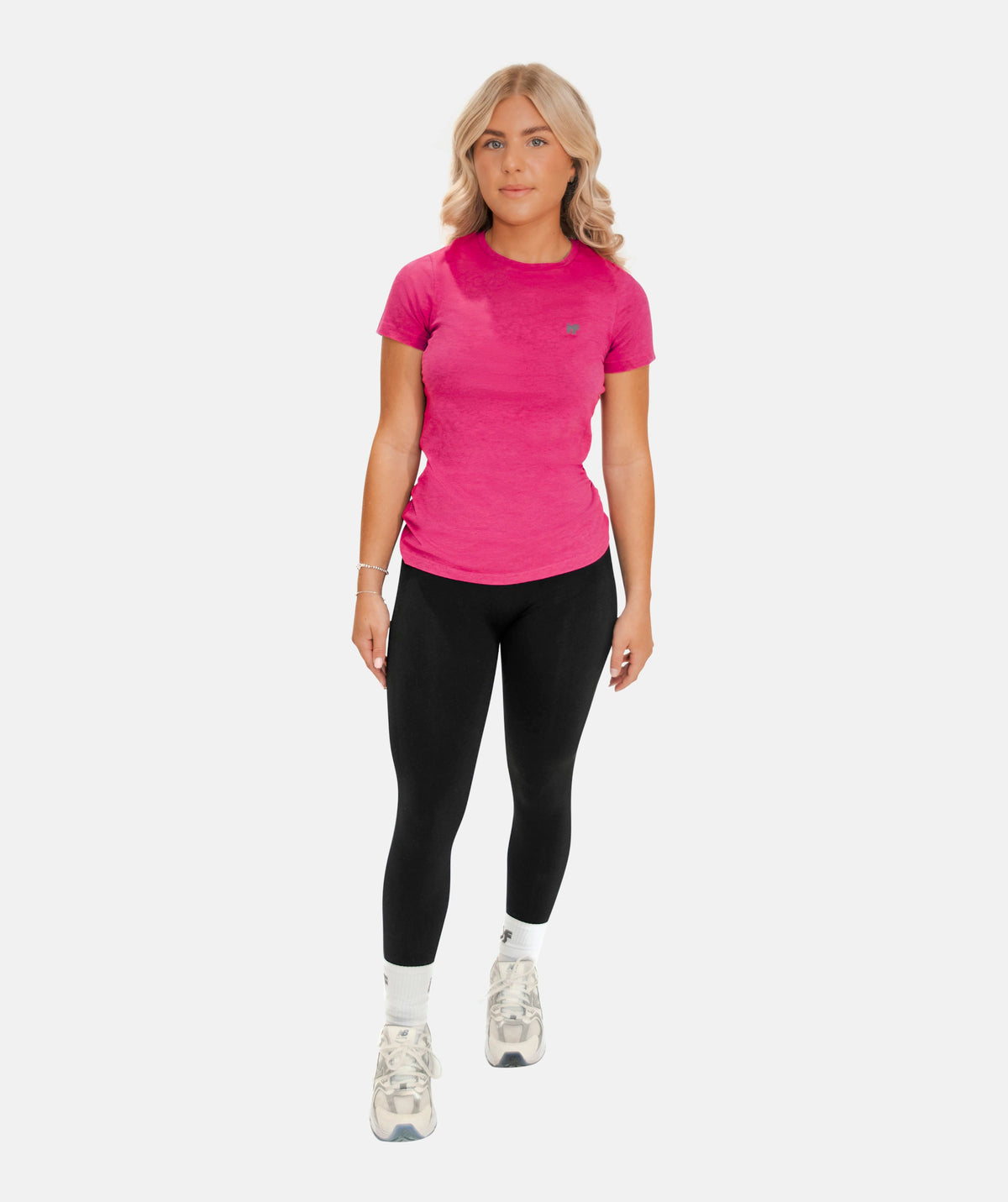 pink slim fit t-shirt, black leggings 