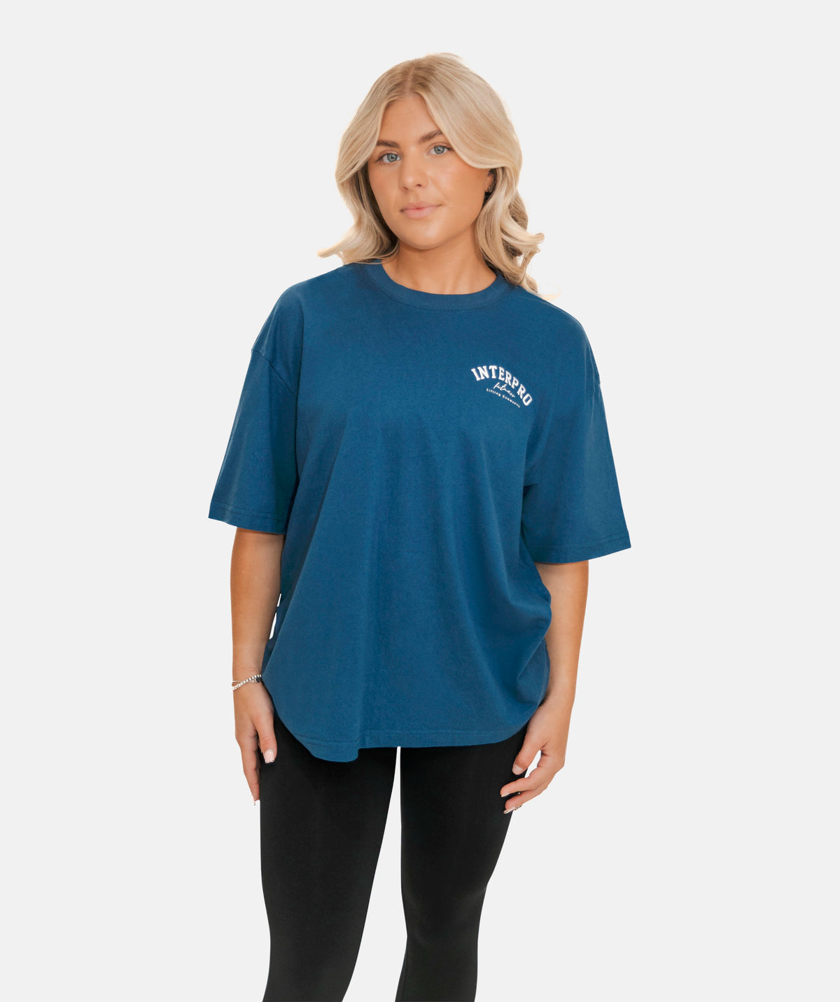 wearing a blue T-shirt
