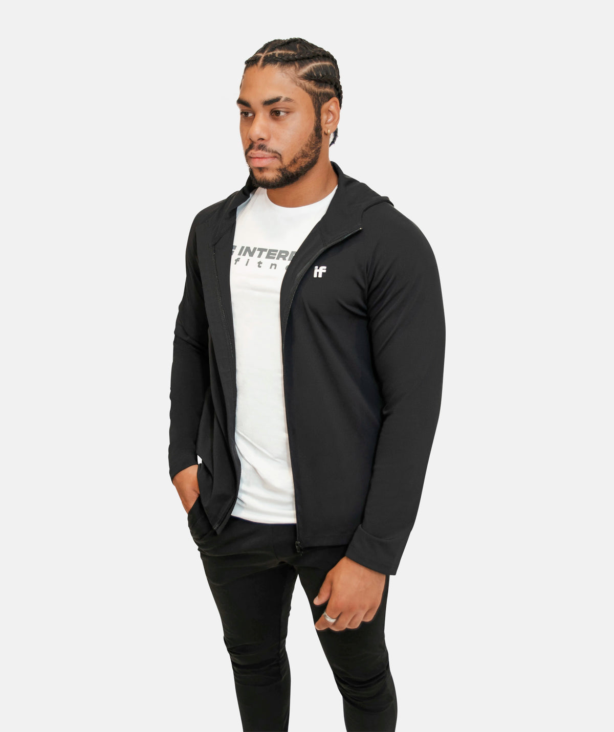 black zip up hoodie over a white t-shirt
