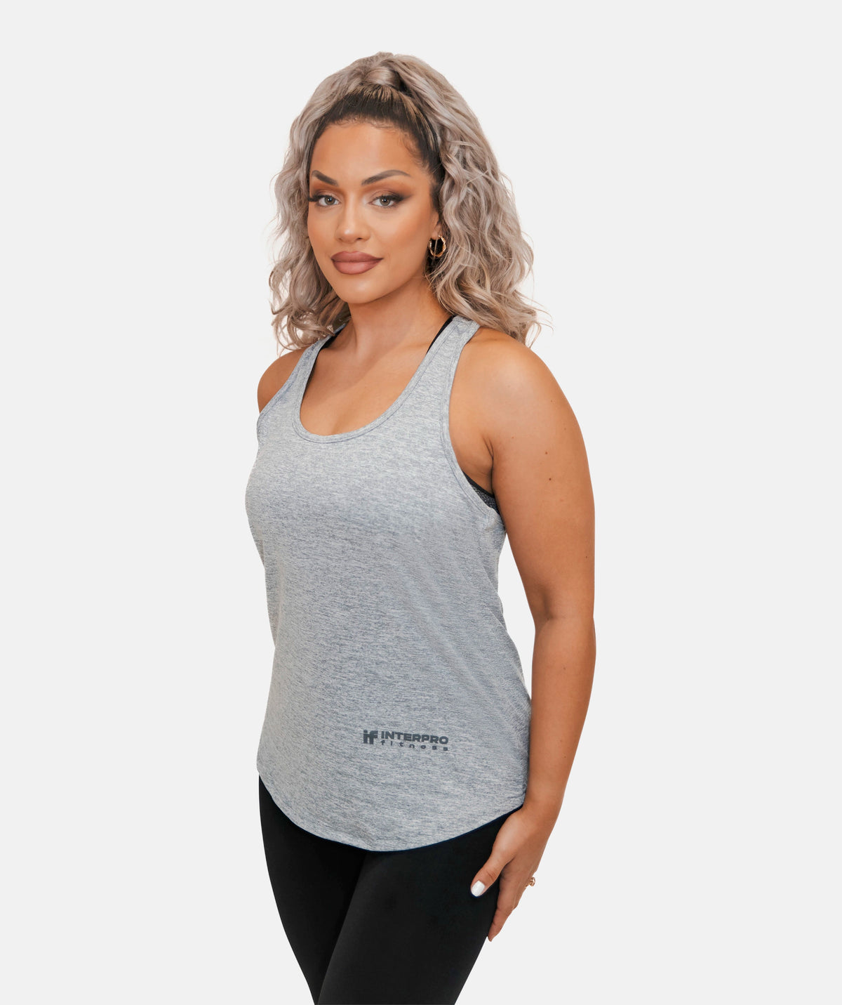 grey gym vest with a logo