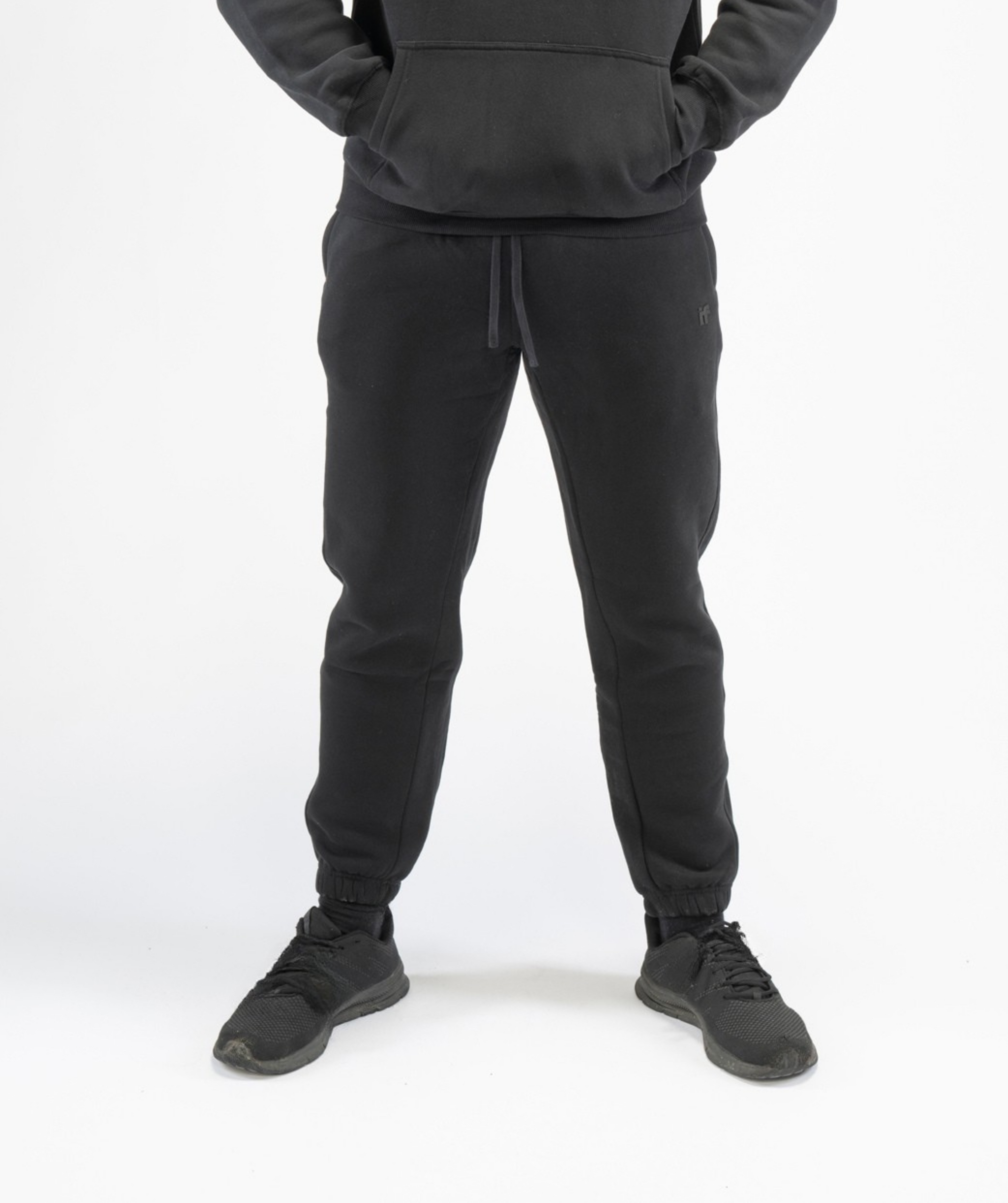 Interpro Fitness Men’s Black Regular Fit Gym Joggers, front view showing full shape and cuffed ankles