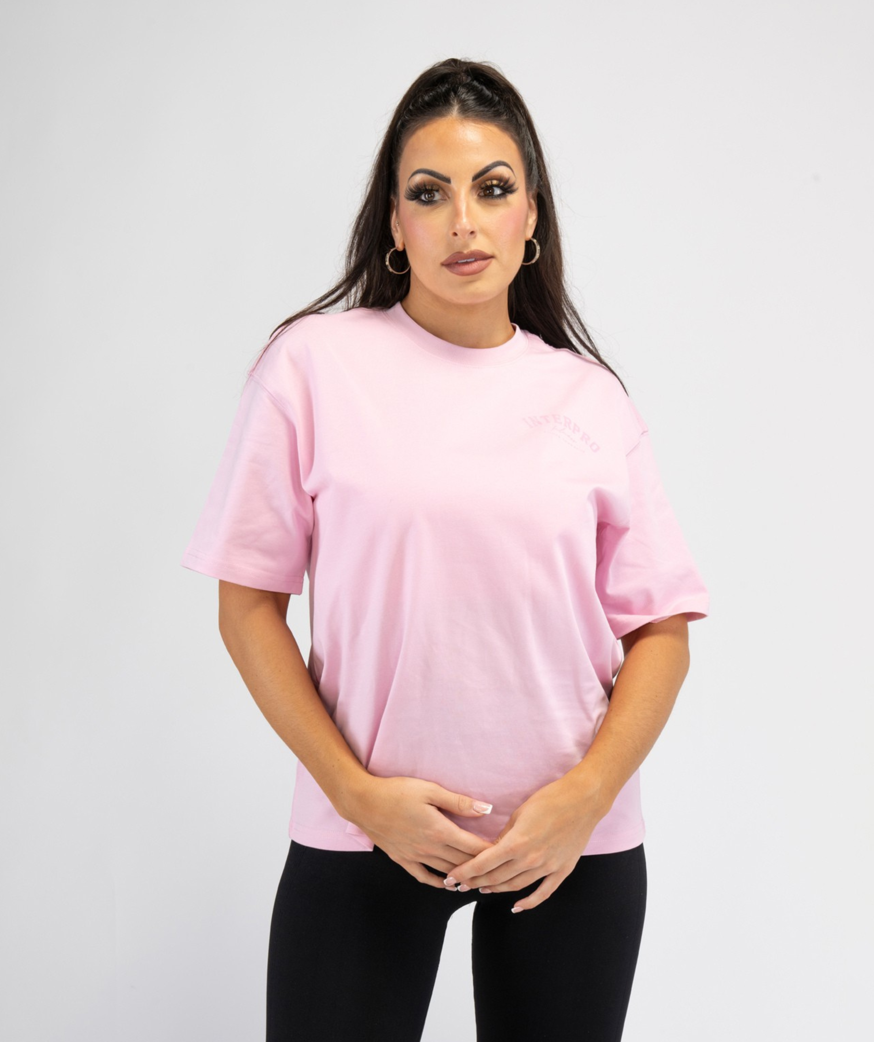 Front shot of Interpro Fitness women’s oversized T-shirt showing lightweight fabric and casual oversized look
