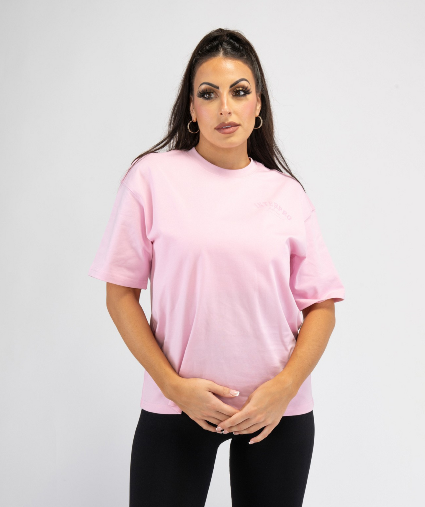 Front shot of Interpro Fitness women’s oversized T-shirt showing lightweight fabric and casual oversized look
