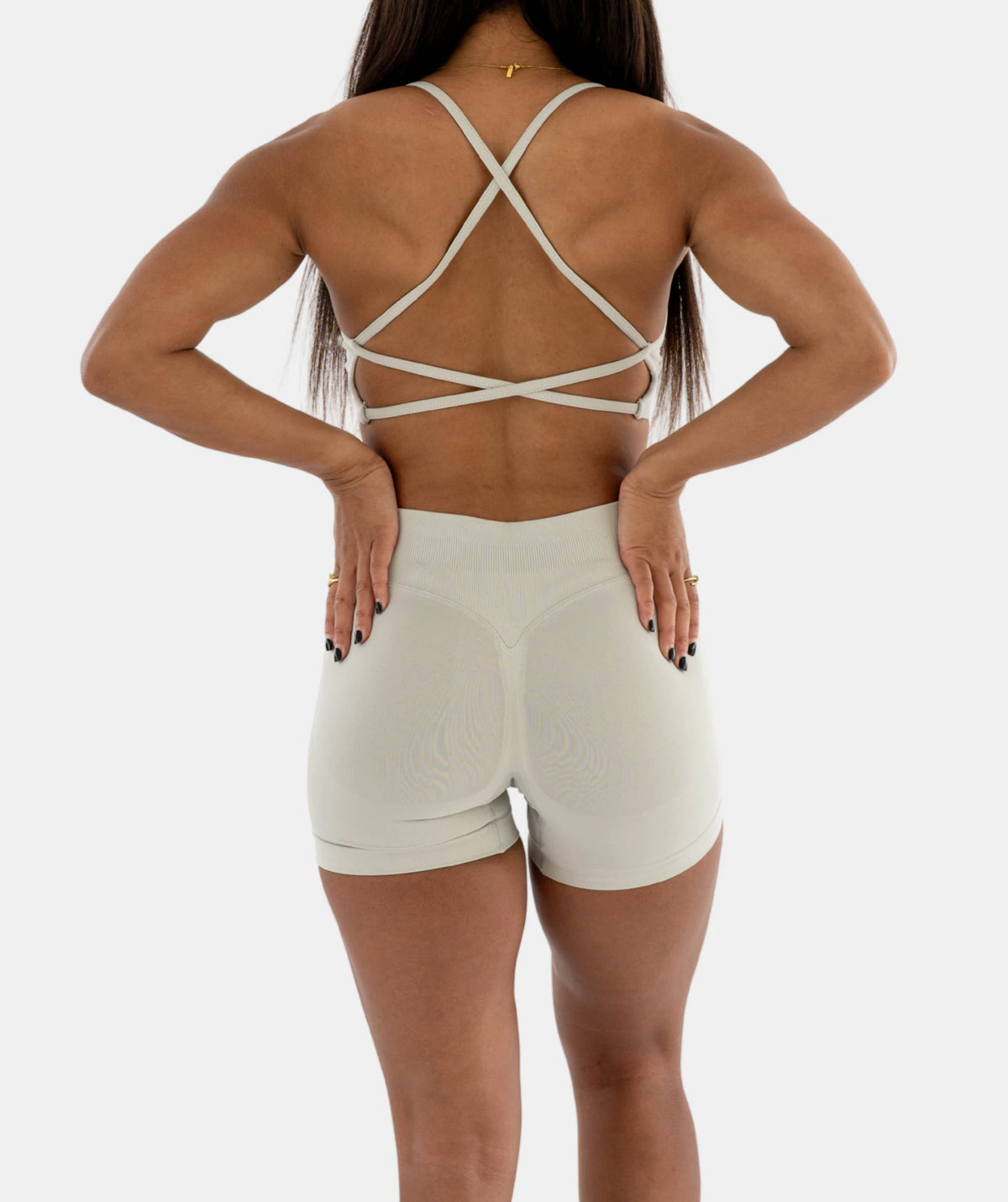 strappy top and high-waisted shorts 