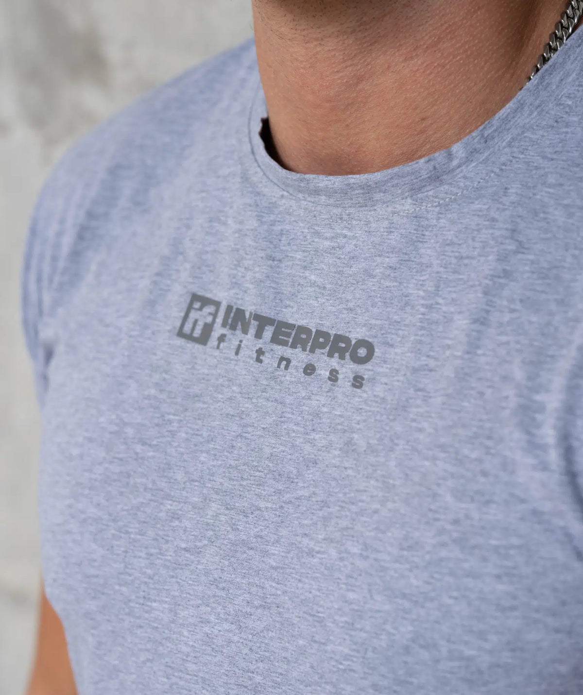 gray t-shirt with 'Interpro Fitness' logo.