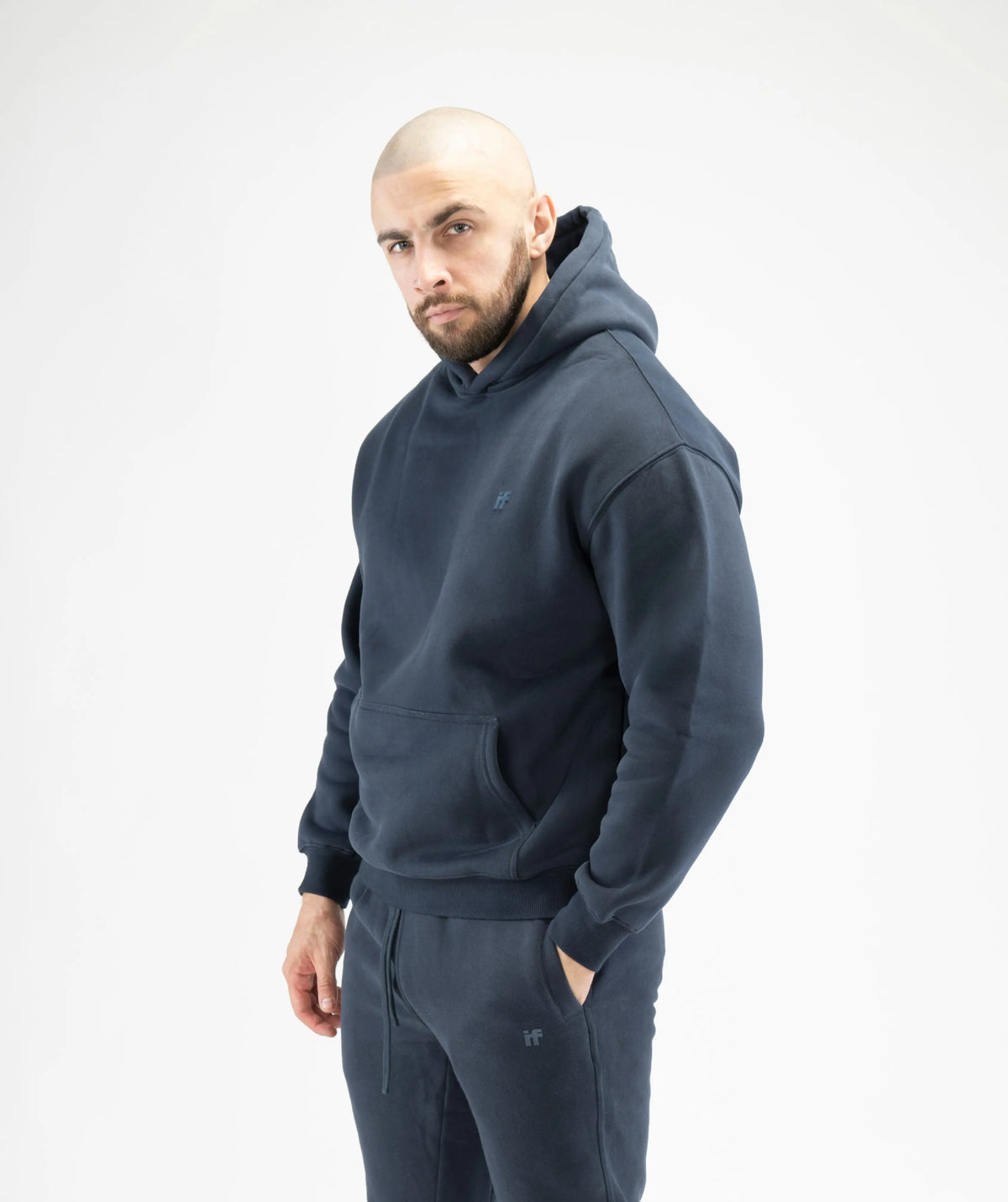 dark gray hoodie and pants