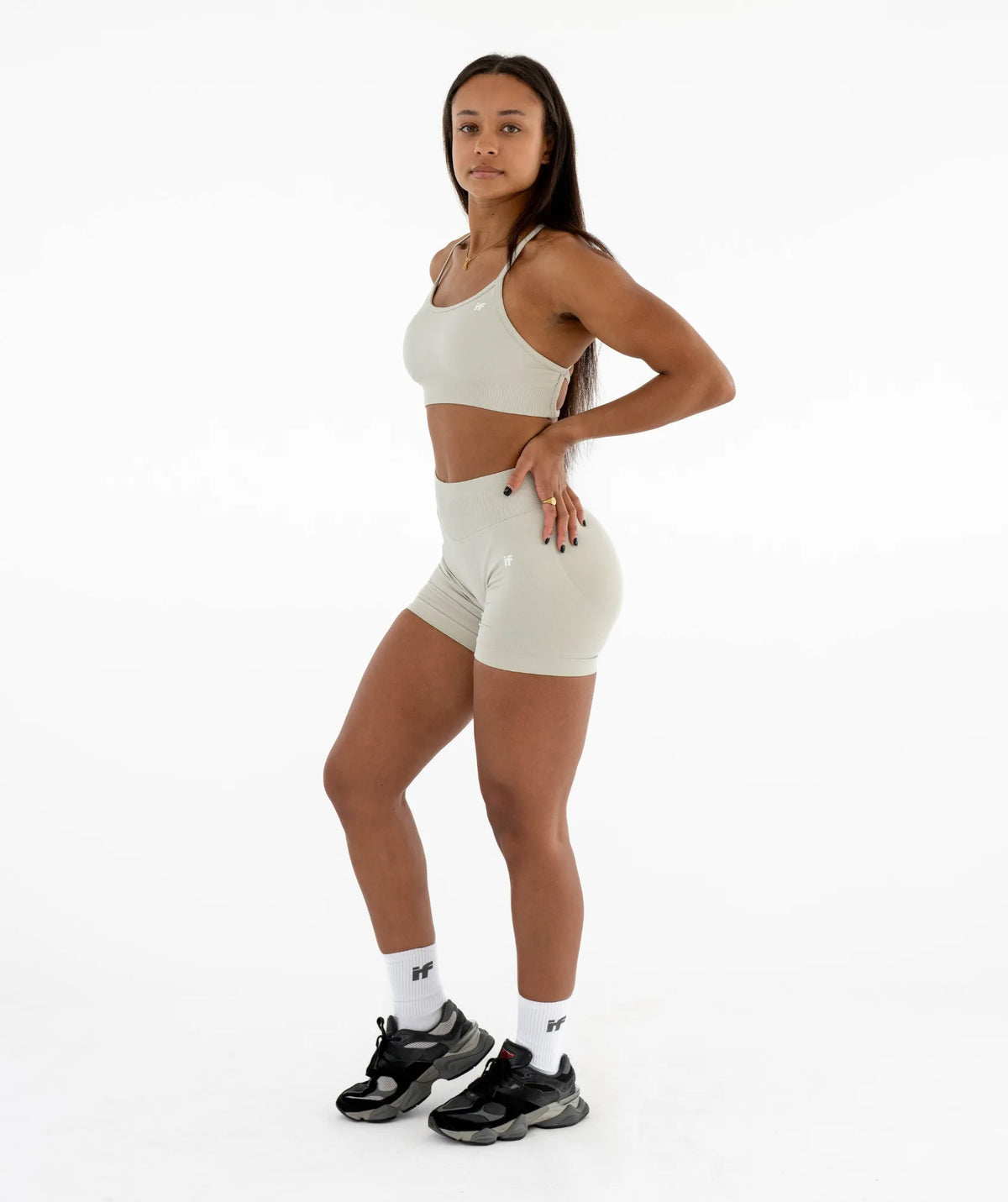 white sports bra and shorts set 
