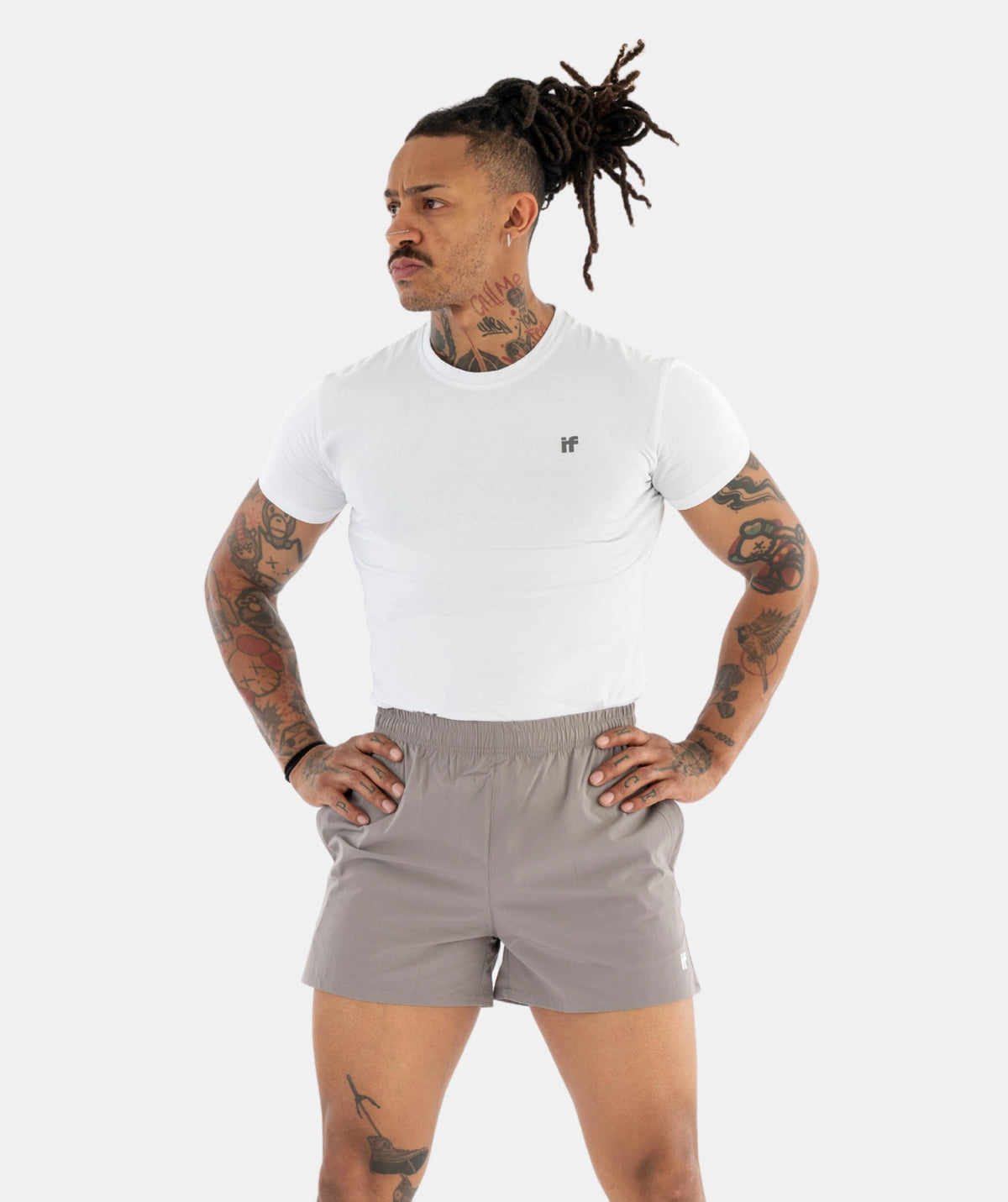 white t-shirt and gray shorts