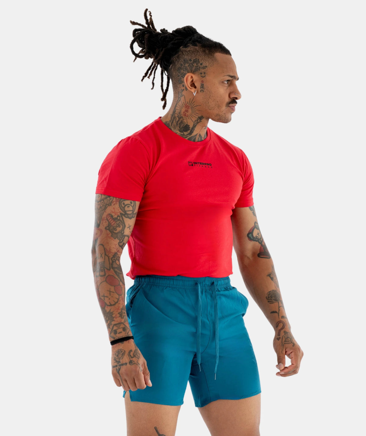 red t-shirt and blue shorts 