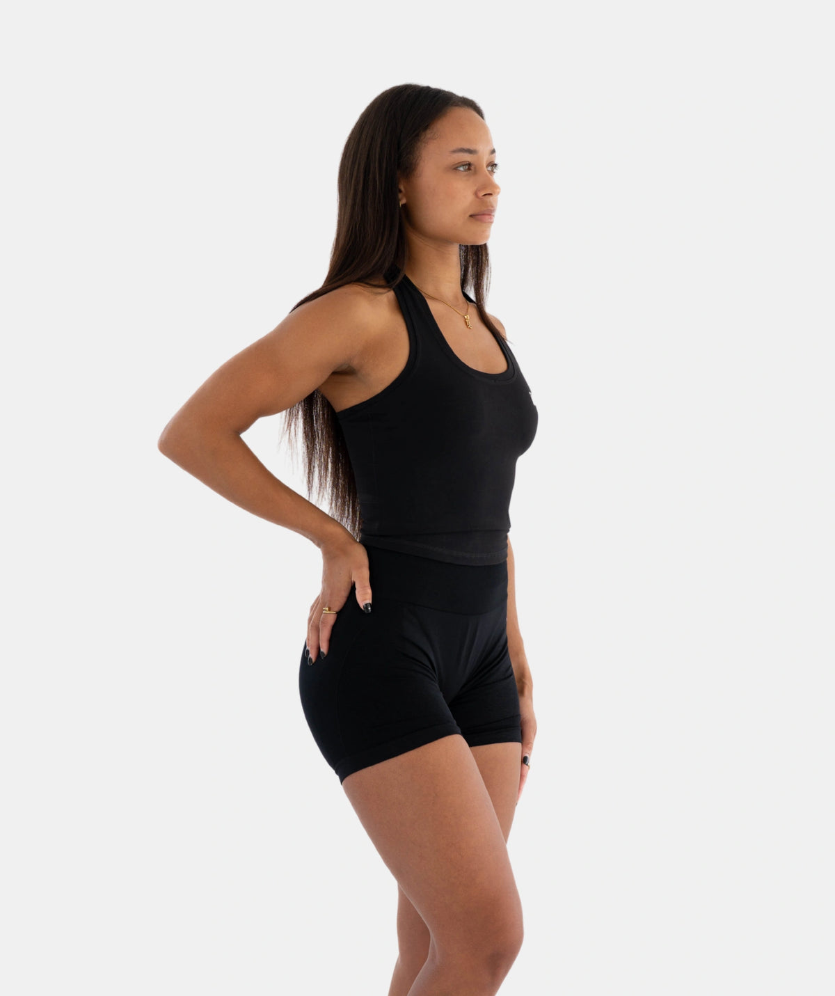 black tank top black shorts