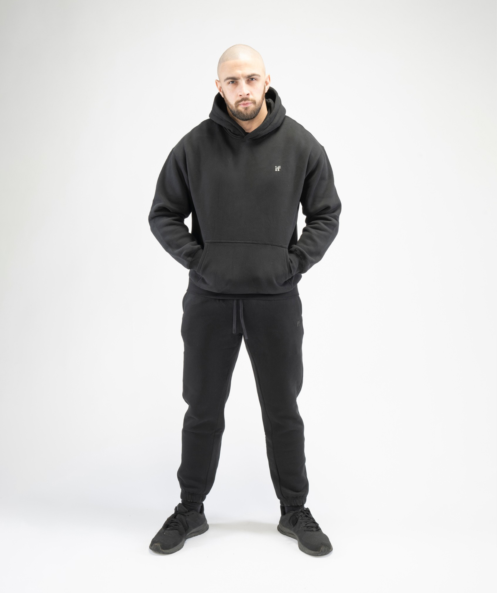Complete outfit view showing Interpro Fitness Men’s Black Regular Fit Gym Joggers styled in activewear.