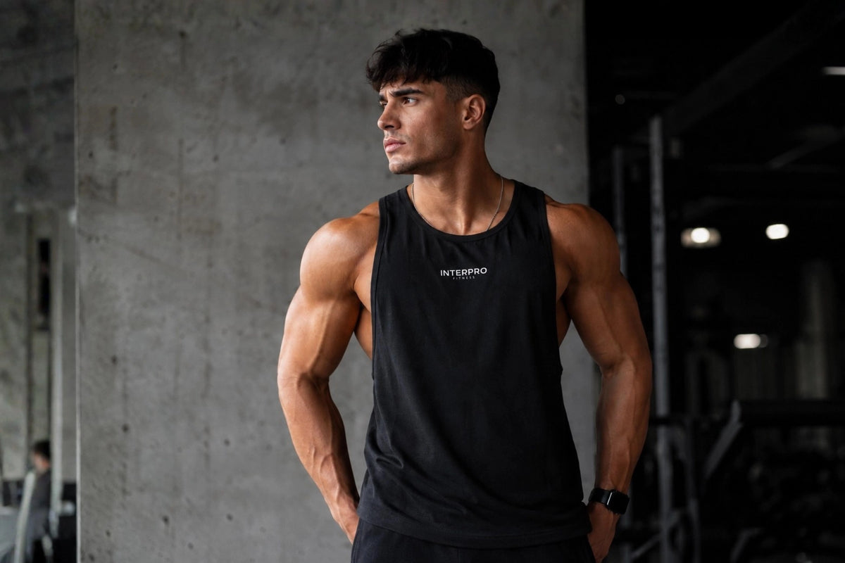 Male model  wearing Interpro Fitness mens gym wear