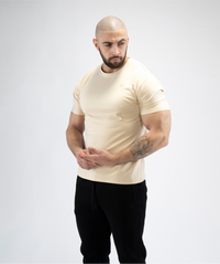 Interpro Fitness Men’s Beige Gym T-Shirt with colour-matched IF logo on left chest.