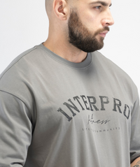 Close-up of large Interpro logo on Men’s Grey Oversized Gym T-Shirt