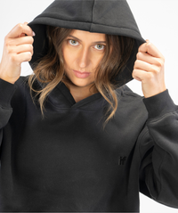 Close-up of hood on women’s black hoodie showing detailed stitching 