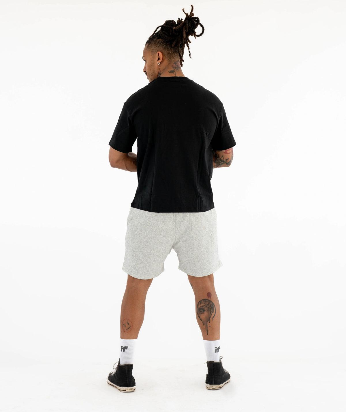 black t-shirt gray shorts