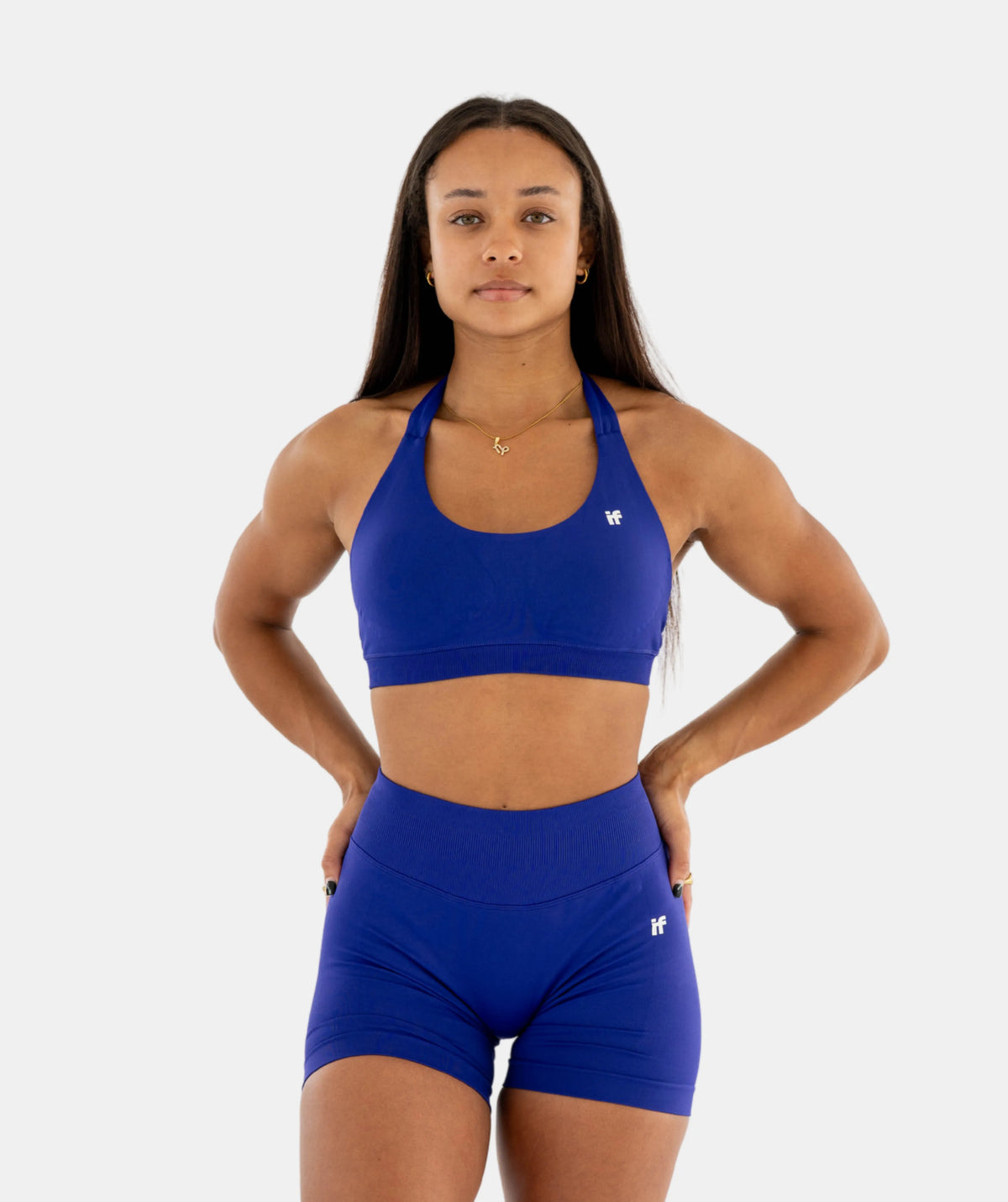  blue sports bra and shorts 