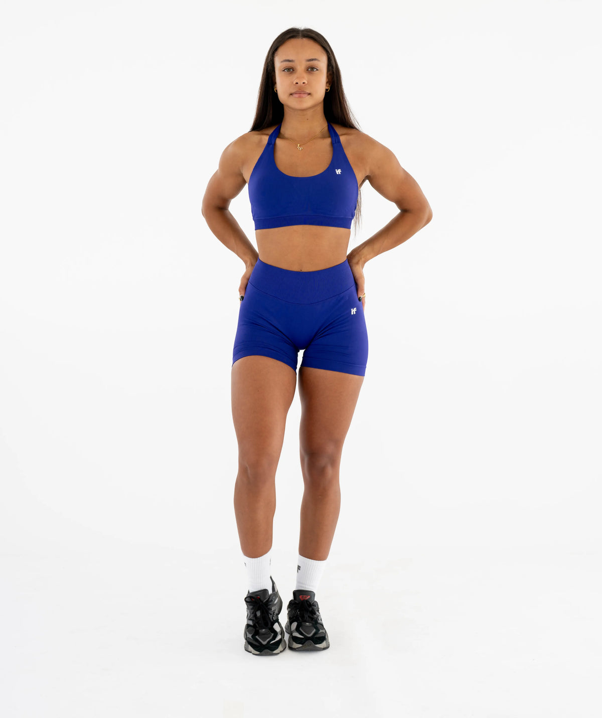 Woman wearing a blue athletic outfit 