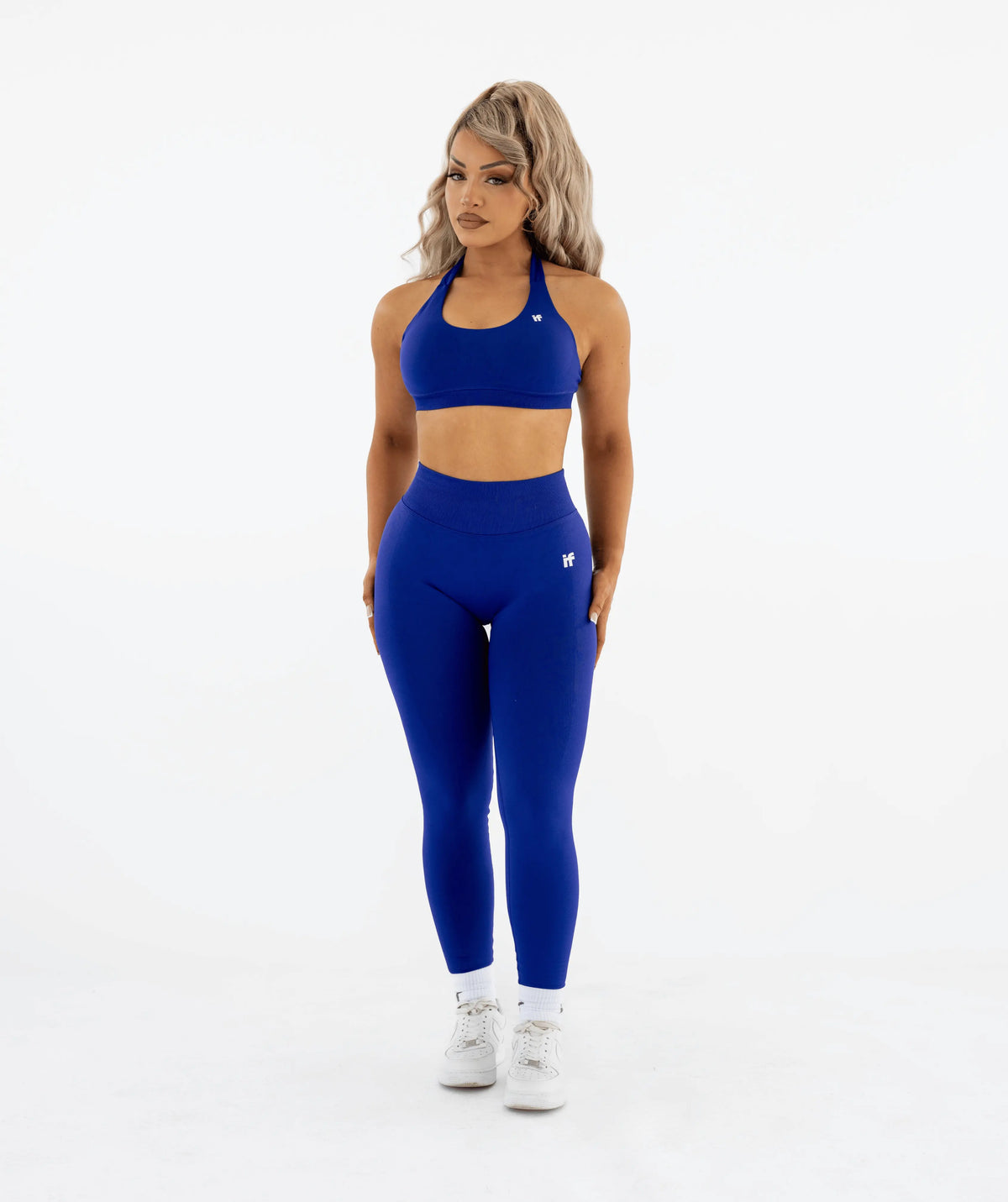 Woman wearing a blue athletic outfit 