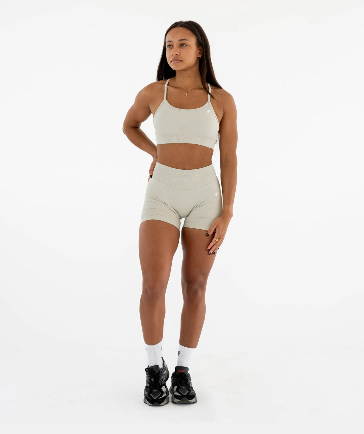 beige sports bra and shorts set