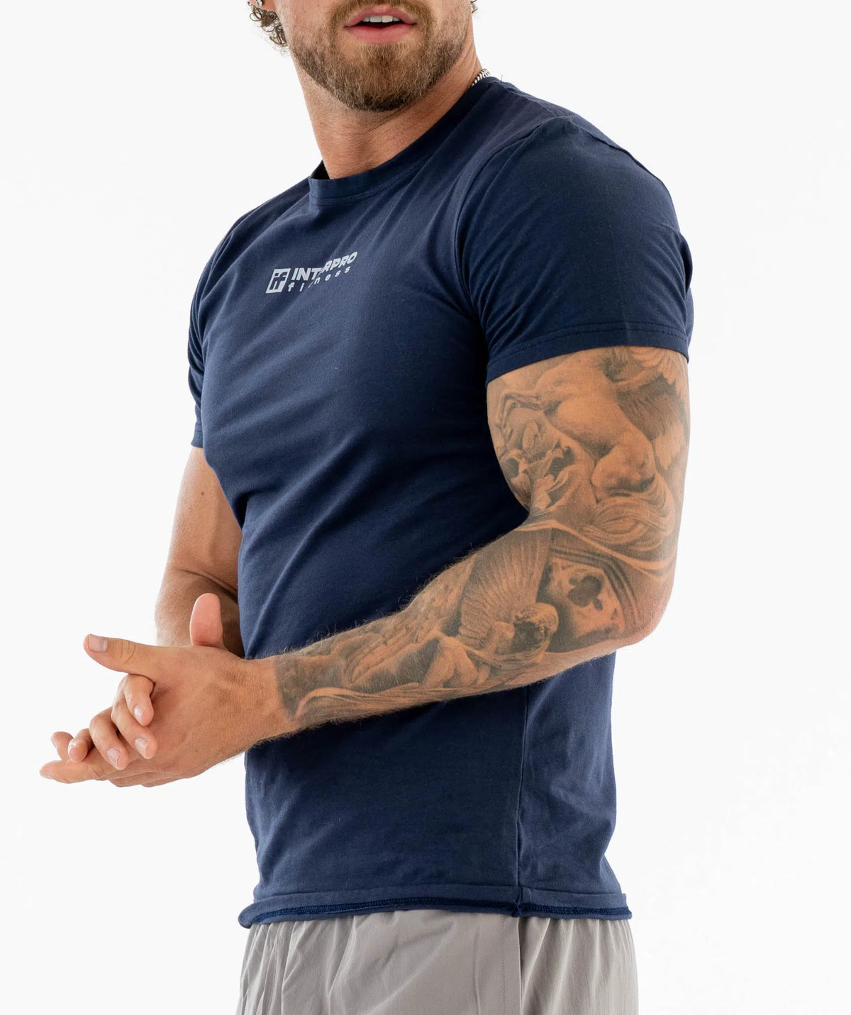 Man wearing a navy blue t-shirt