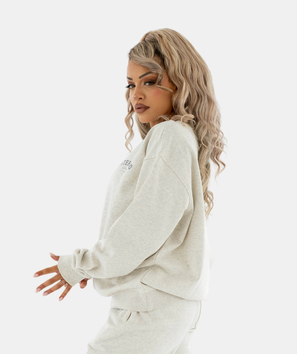  light gray sweatshirt with a logo