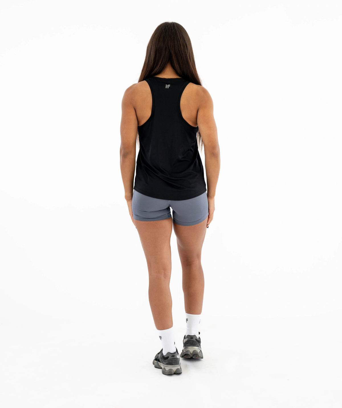 Black tank top and gray shorts