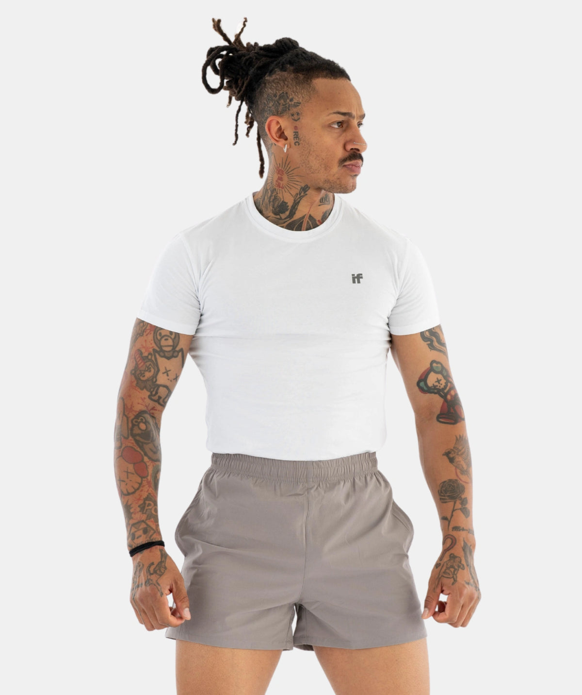 white t-shirt and gray shorts
