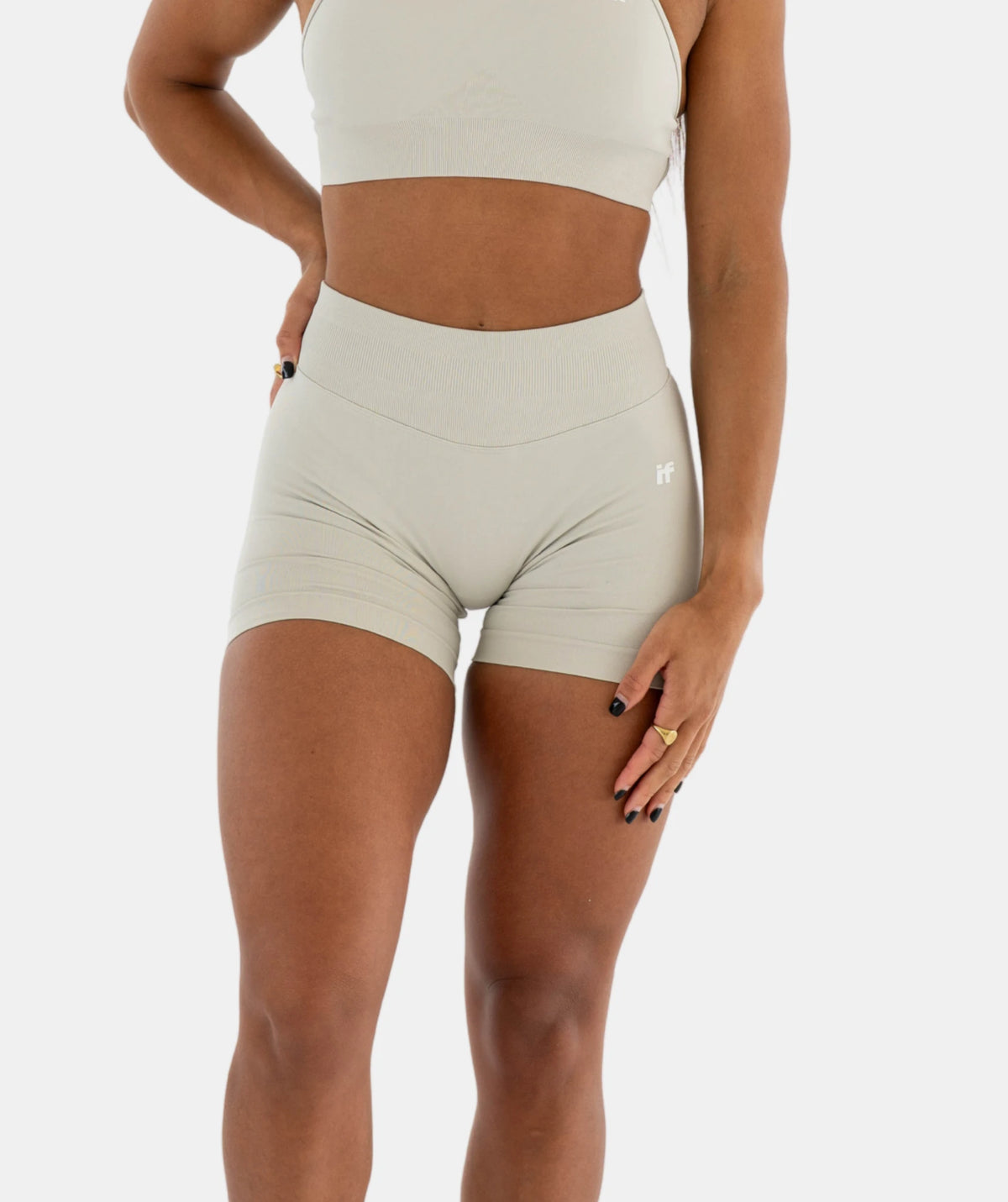 high-waisted shorts and sports bra 
