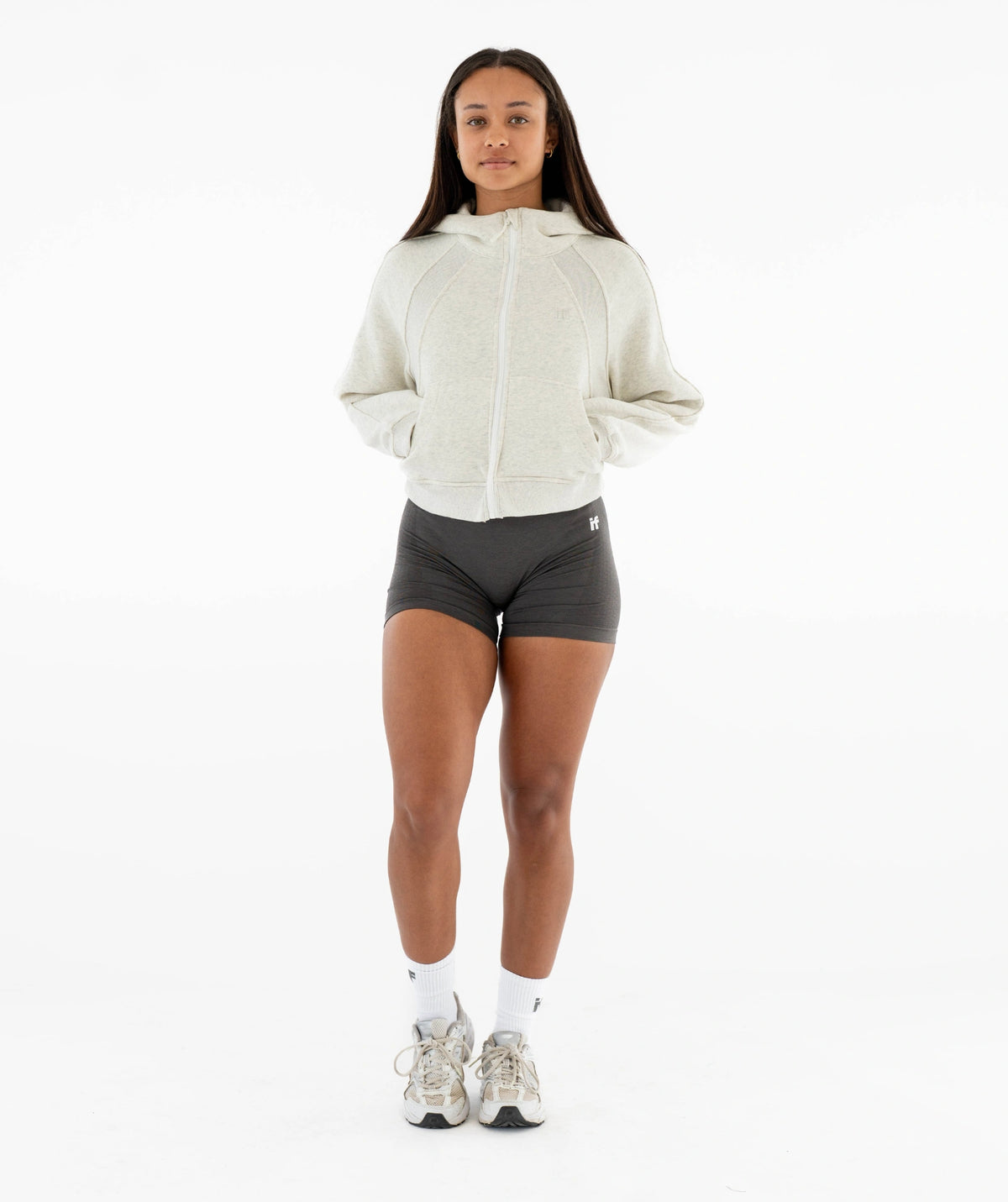 light gray hoodie dark gray shorts