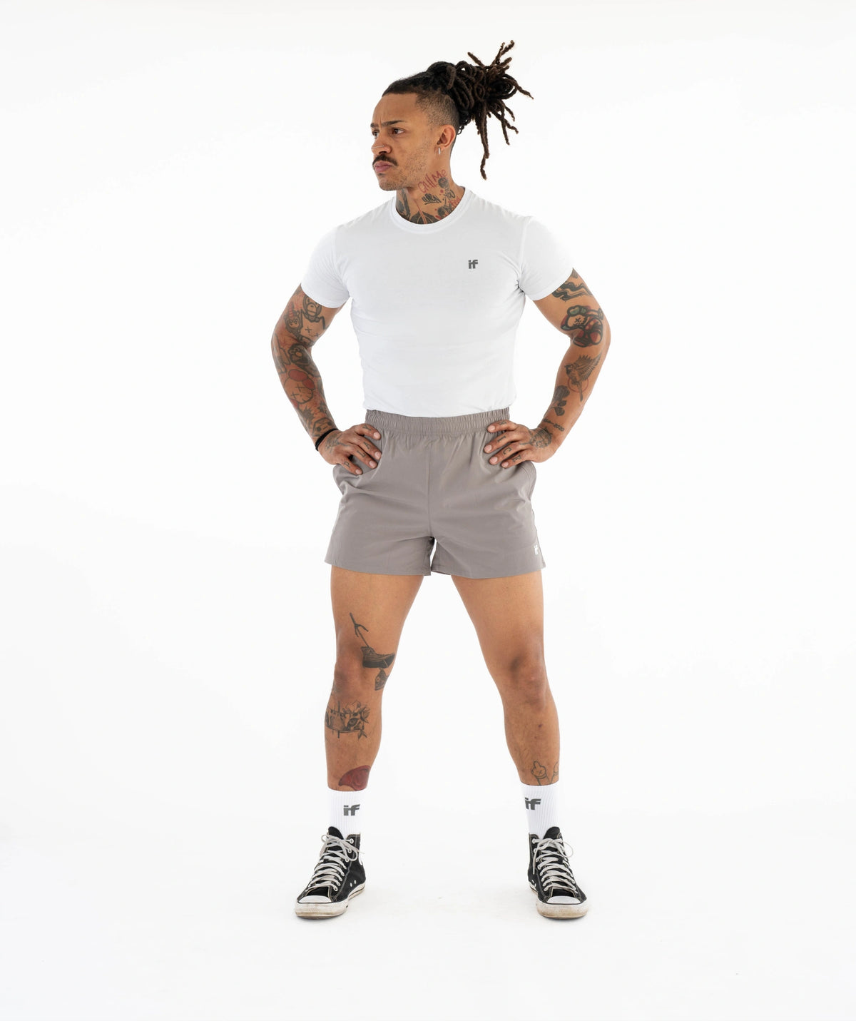 white t-shirt and gray shorts