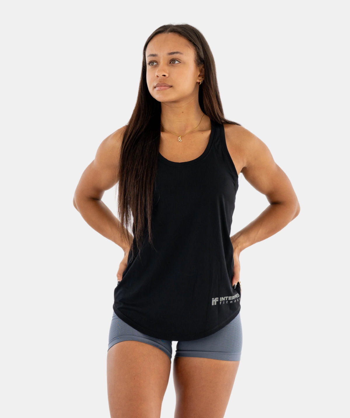 black tank top and gray shorts