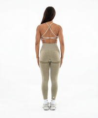 Rear view of Interpro Fitness womens gym leggings in marl green