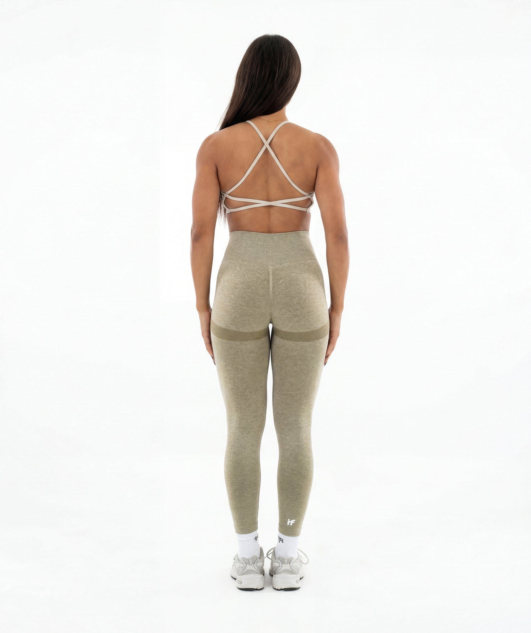 Rear view of Interpro Fitness womens gym leggings in marl green