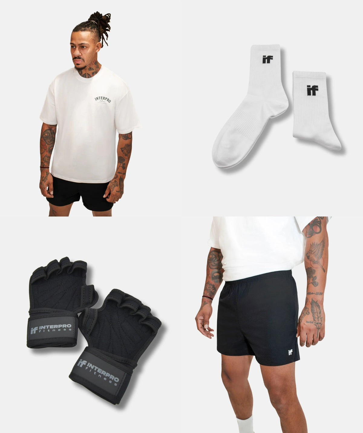 white tee, black gym shorts, black gloves,